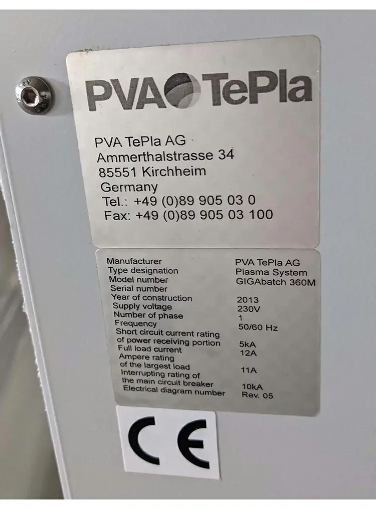 PVA TePla GIGAbatch 360M equipment nameplate